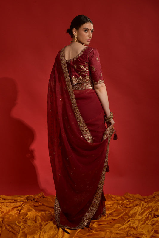 Jyoti Fashion Women's Maroon Sequence Coding Embroidery Georgette Saree with Blouse
