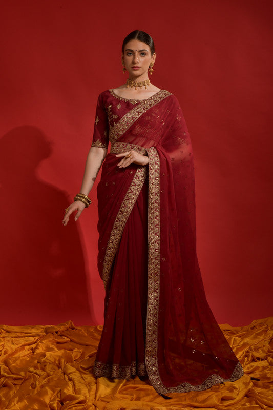 Jyoti Fashion Women's Maroon Sequence Coding Embroidery Georgette Saree with Blouse