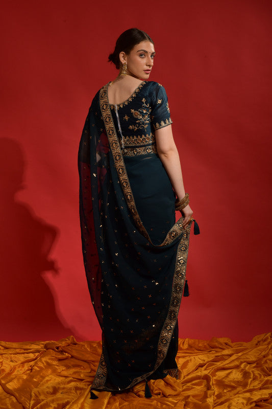 Jyoti Fashion Women's Morpich Sequence Coding Embroidery Georgette Saree with Blouse