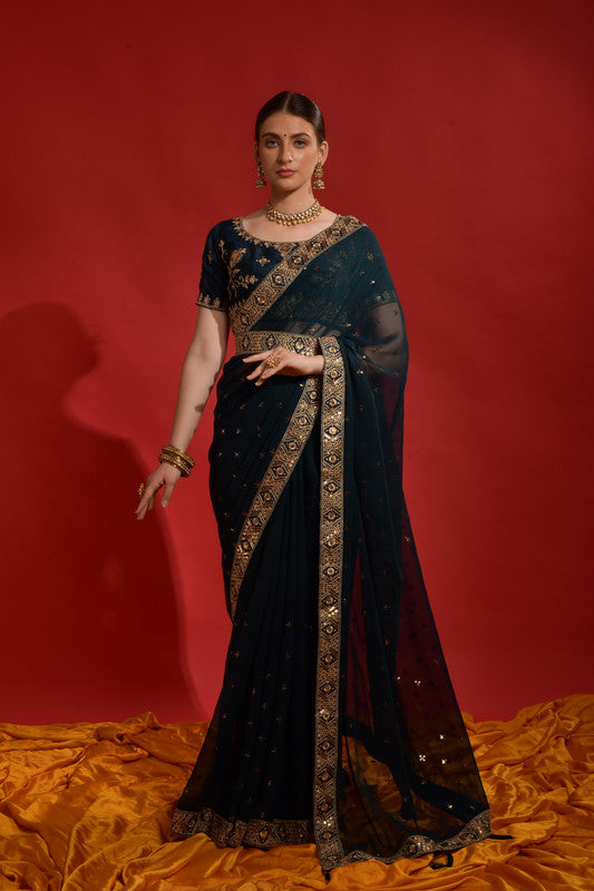 Jyoti Fashion Women's Morpich Sequence Coding Embroidery Georgette Saree with Blouse
