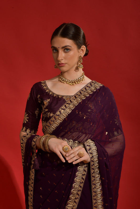 Jyoti Fashion Women's Wine Sequence Coding Embroidery Georgette Saree with Blouse