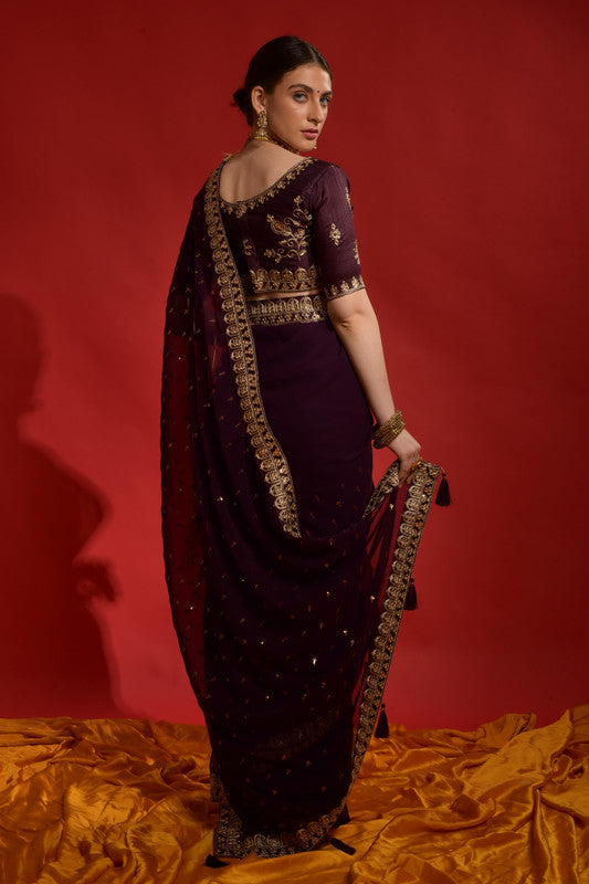 Jyoti Fashion Women's Wine Sequence Coding Embroidery Georgette Saree with Blouse