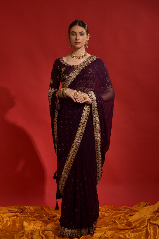 Jyoti Fashion Women's Wine Sequence Coding Embroidery Georgette Saree with Blouse