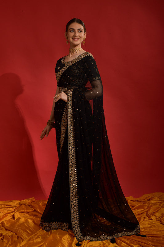 Jyoti Fashion Women's Black Sequence Coding Embroidery Georgette Saree with Blouse