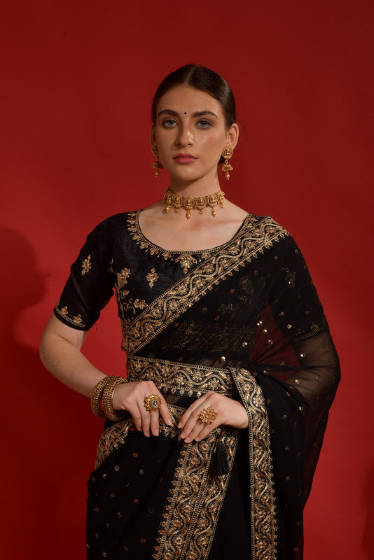 Jyoti Fashion Women's Black Sequence Coding Embroidery Georgette Saree with Blouse