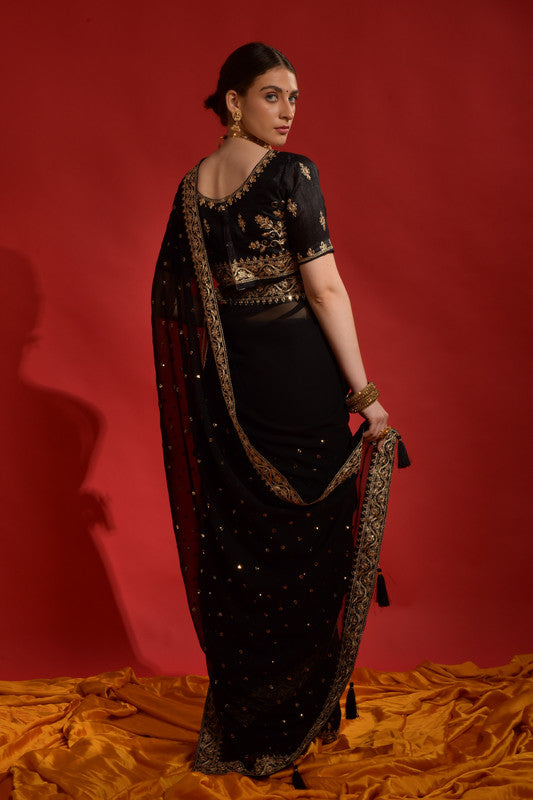 Jyoti Fashion Women's Black Sequence Coding Embroidery Georgette Saree with Blouse