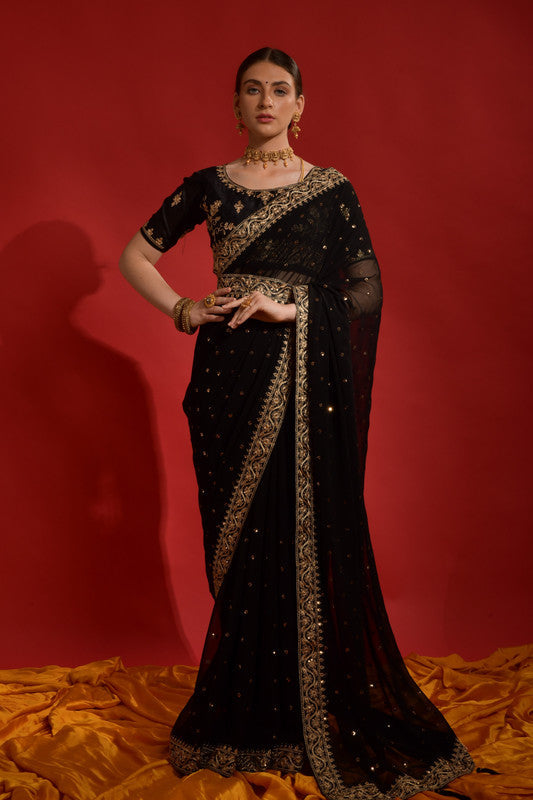 Jyoti Fashion Women's Black Sequence Coding Embroidery Georgette Saree with Blouse