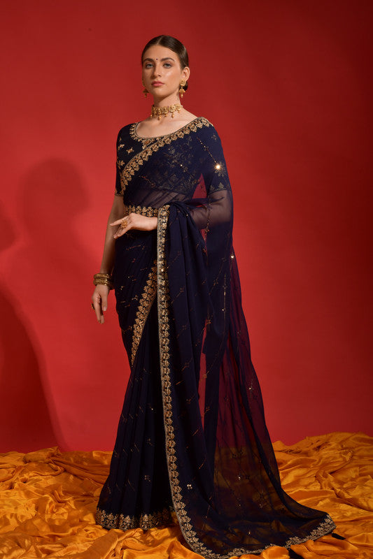 Jyoti Fashion Women's Navy Blue Sequence Coding Embroidery Georgette Saree with Blouse