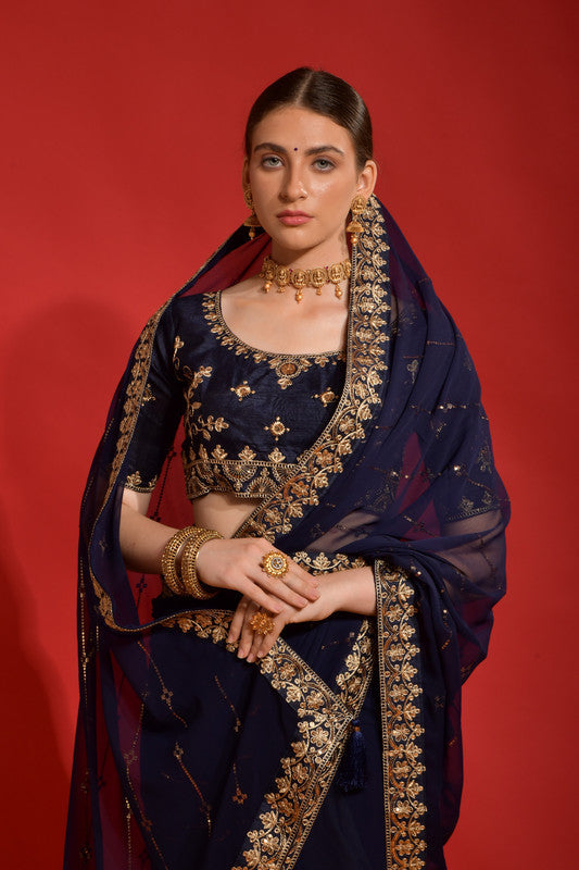 Jyoti Fashion Women's Navy Blue Sequence Coding Embroidery Georgette Saree with Blouse