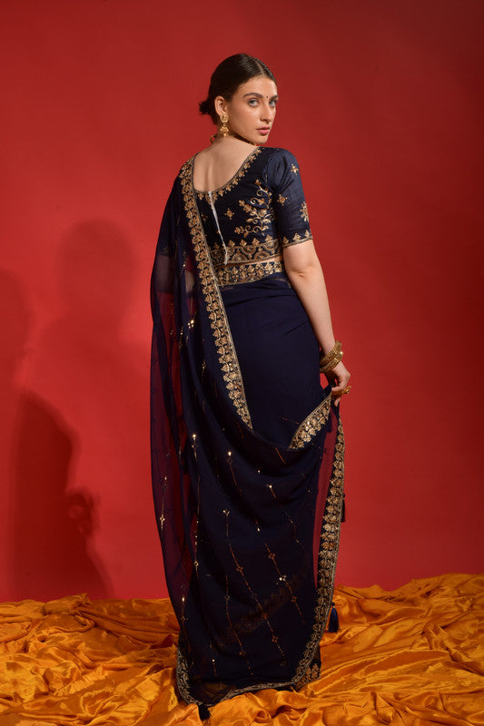 Jyoti Fashion Women's Navy Blue Sequence Coding Embroidery Georgette Saree with Blouse