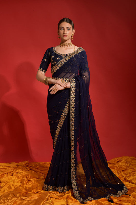 Jyoti Fashion Women's Navy Blue Sequence Coding Embroidery Georgette Saree with Blouse