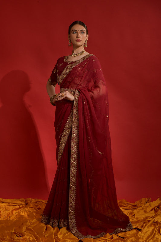Jyoti Fashion Women's Maroon Sequence Coding Embroidery Georgette Saree with Blouse