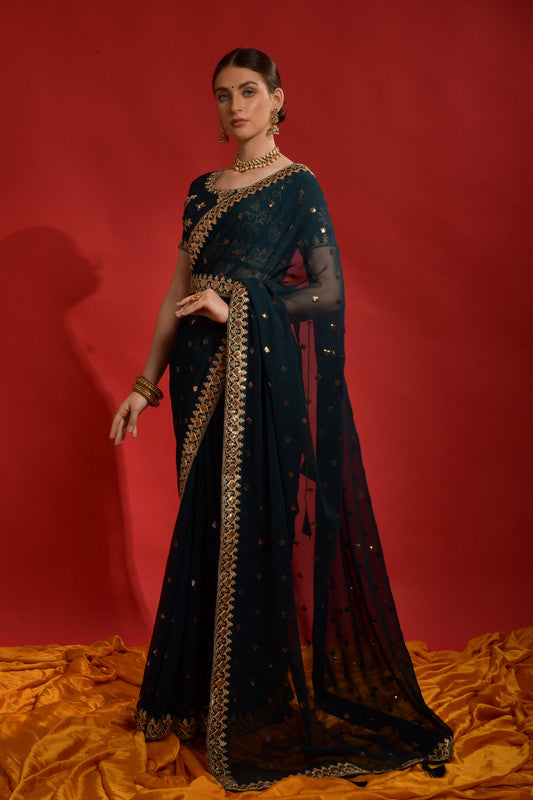 Jyoti Fashion Women's Morpich Sequence Coding Embroidery Georgette Saree with Blouse