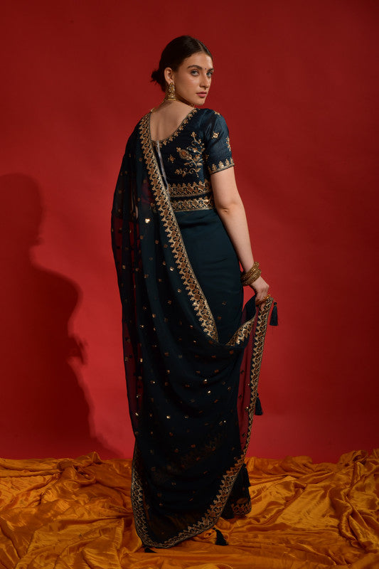 Jyoti Fashion Women's Morpich Sequence Coding Embroidery Georgette Saree with Blouse