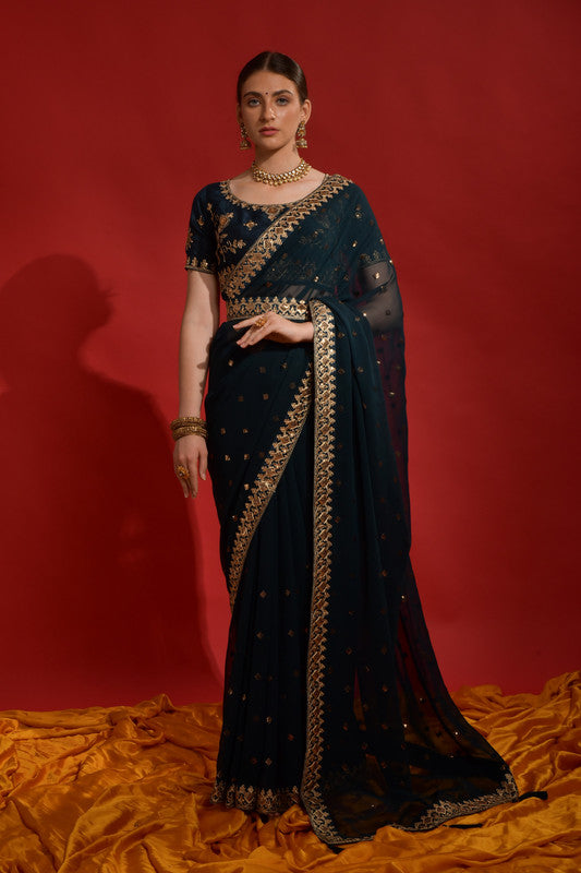 Jyoti Fashion Women's Morpich Sequence Coding Embroidery Georgette Saree with Blouse