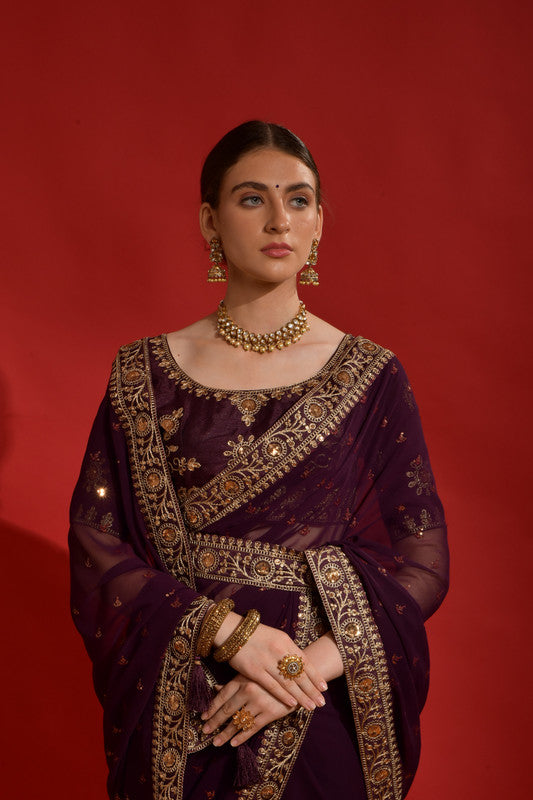 Jyoti Fashion Women's Wine Sequence Coding Embroidery Georgette Saree with Blouse