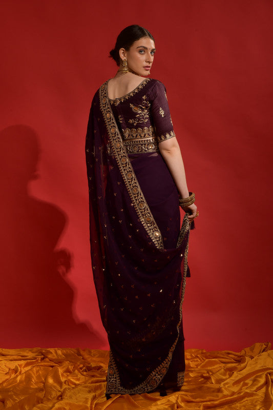 Jyoti Fashion Women's Wine Sequence Coding Embroidery Georgette Saree with Blouse