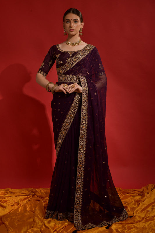 Jyoti Fashion Women's Wine Sequence Coding Embroidery Georgette Saree with Blouse