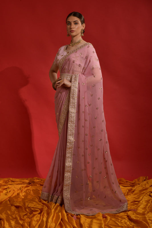 Jyoti Fashion Women's Peach Sequence Coding Embroidery Georgette Saree with Blouse