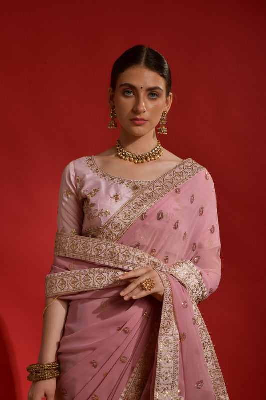 Jyoti Fashion Women's Peach Sequence Coding Embroidery Georgette Saree with Blouse