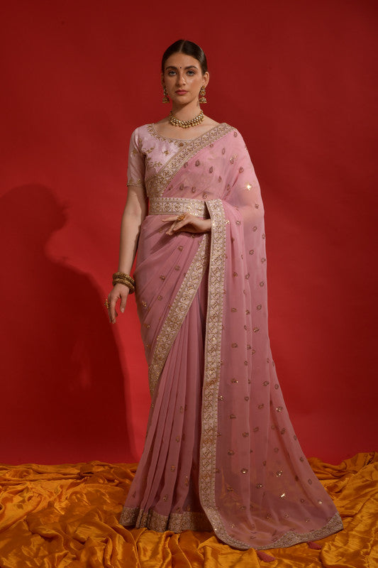 Jyoti Fashion Women's Peach Sequence Coding Embroidery Georgette Saree with Blouse