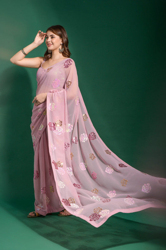 Jyoti Fashion Women's Pink Sequence Georgette Saree with Blouse