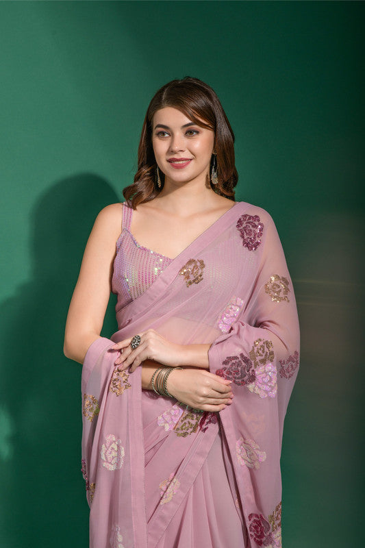 Jyoti Fashion Women's Pink Sequence Georgette Saree with Blouse