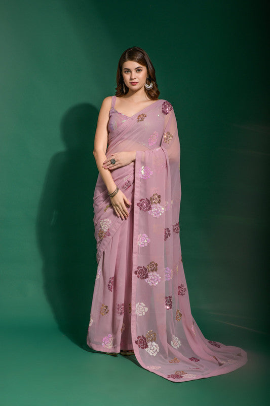 Jyoti Fashion Women's Pink Sequence Georgette Saree with Blouse