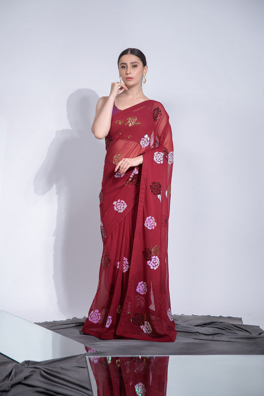 Jyoti Fashion Women's Maroon Sequence Georgette Saree with Blouse