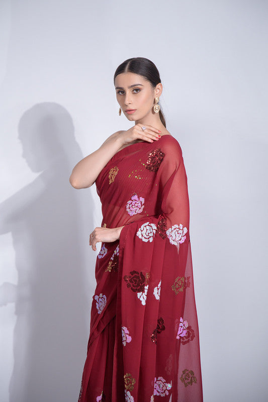 Jyoti Fashion Women's Maroon Sequence Georgette Saree with Blouse