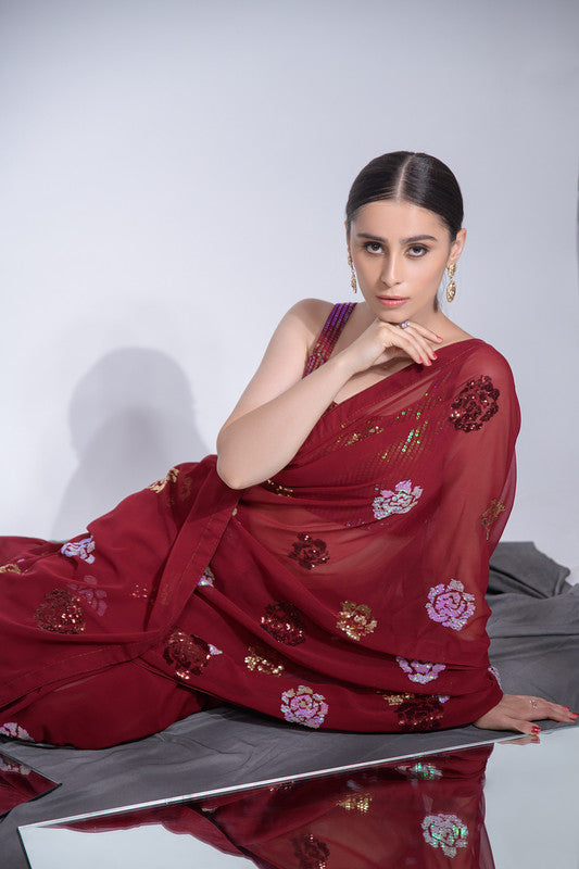 Jyoti Fashion Women's Maroon Sequence Georgette Saree with Blouse