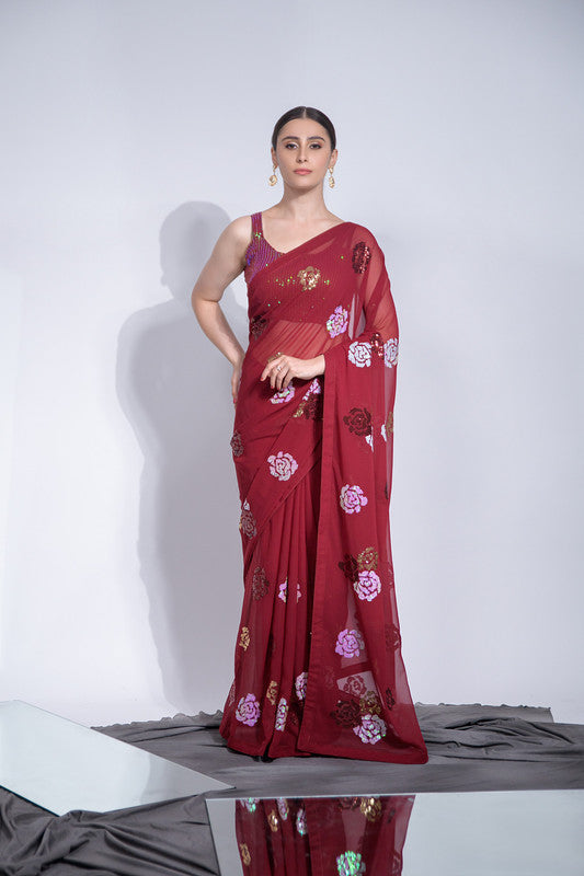 Jyoti Fashion Women's Maroon Sequence Georgette Saree with Blouse