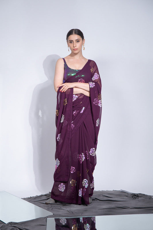 Jyoti Fashion Women's Wine Sequence Georgette Saree with Blouse