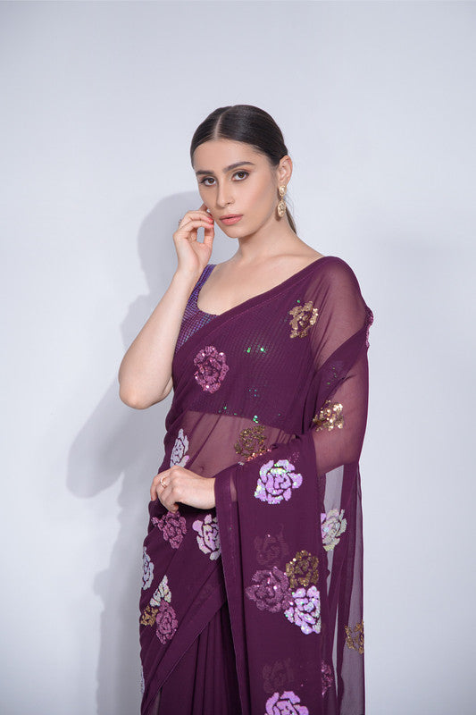 Jyoti Fashion Women's Wine Sequence Georgette Saree with Blouse