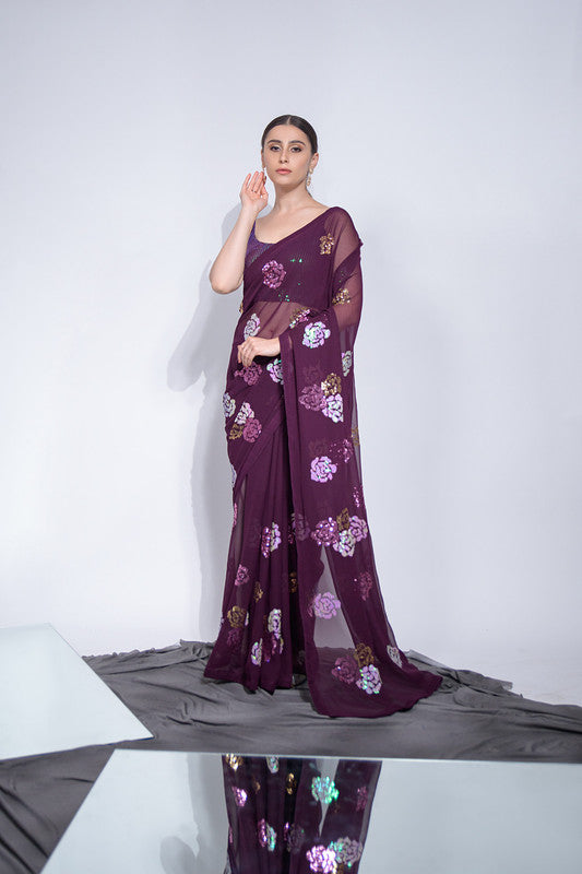 Jyoti Fashion Women's Wine Sequence Georgette Saree with Blouse