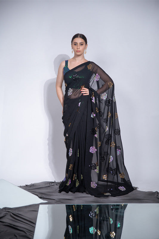 Jyoti Fashion Women's Black Sequence Georgette Saree with Blouse