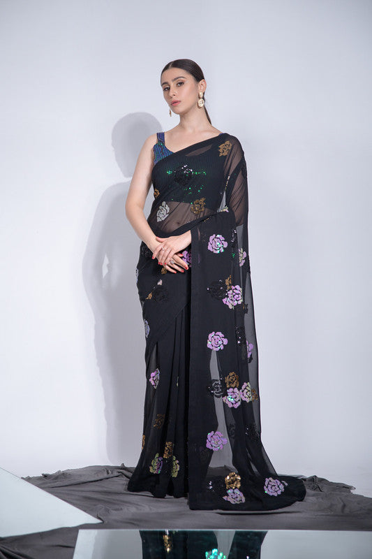 Jyoti Fashion Women's Black Sequence Georgette Saree with Blouse