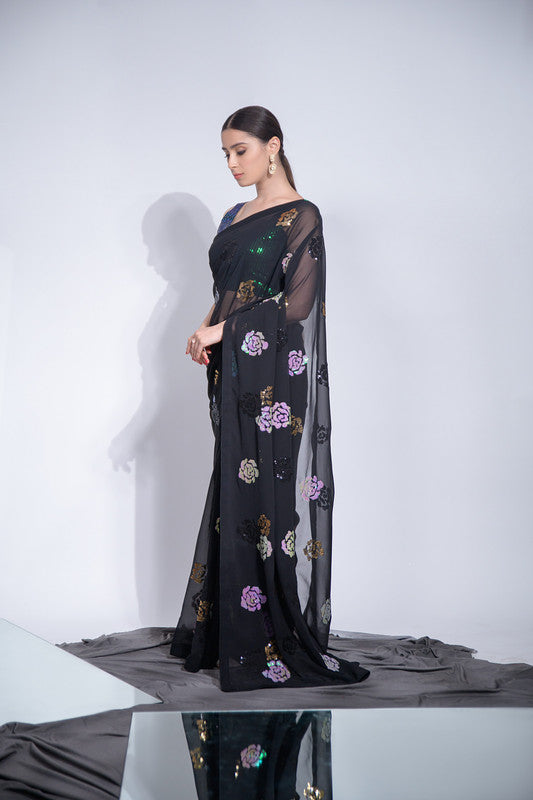 Jyoti Fashion Women's Black Sequence Georgette Saree with Blouse