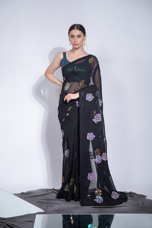 Jyoti Fashion Women's Black Sequence Georgette Saree with Blouse