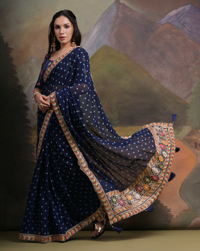 Jyoti Fashion Women's Navy Blue Coding Sequence Georgette Saree with Blouse