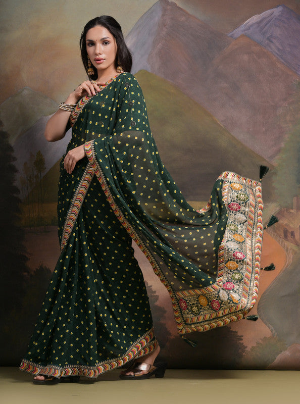 Jyoti Fashion Women's Bottle Green Coding Sequence Georgette Saree with Blouse