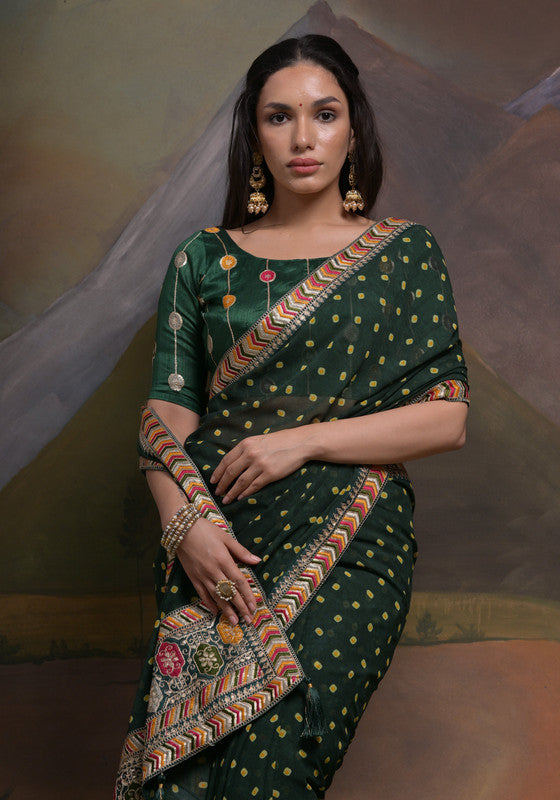 Jyoti Fashion Women's Bottle Green Coding Sequence Georgette Saree with Blouse