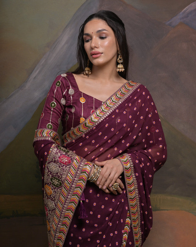 Jyoti Fashion Women's Wine Coding Sequence Georgette Saree with Blouse