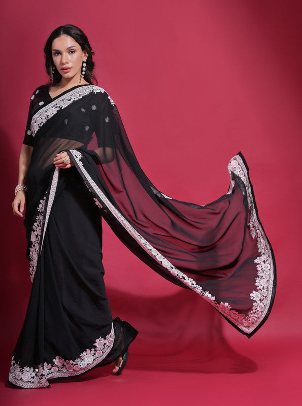 Jyoti Fashion Women's Black Coding Work Georgette Saree with Blouse