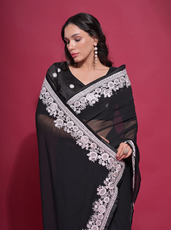 Jyoti Fashion Women's Black Coding Work Georgette Saree with Blouse