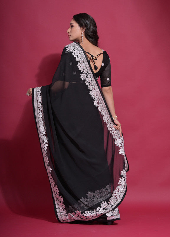 Jyoti Fashion Women's Black Coding Work Georgette Saree with Blouse