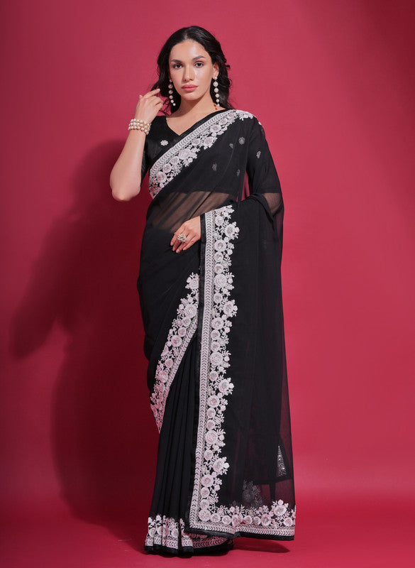 Jyoti Fashion Women's Black Coding Work Georgette Saree with Blouse