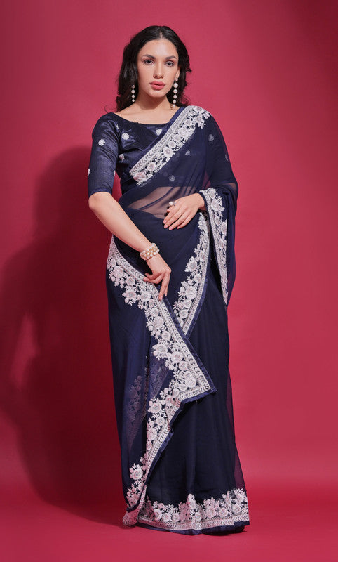 Jyoti Fashion Women's Navy Blue Coding Work Georgette Saree with Blouse
