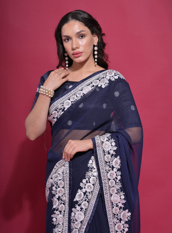 Jyoti Fashion Women's Navy Blue Coding Work Georgette Saree with Blouse