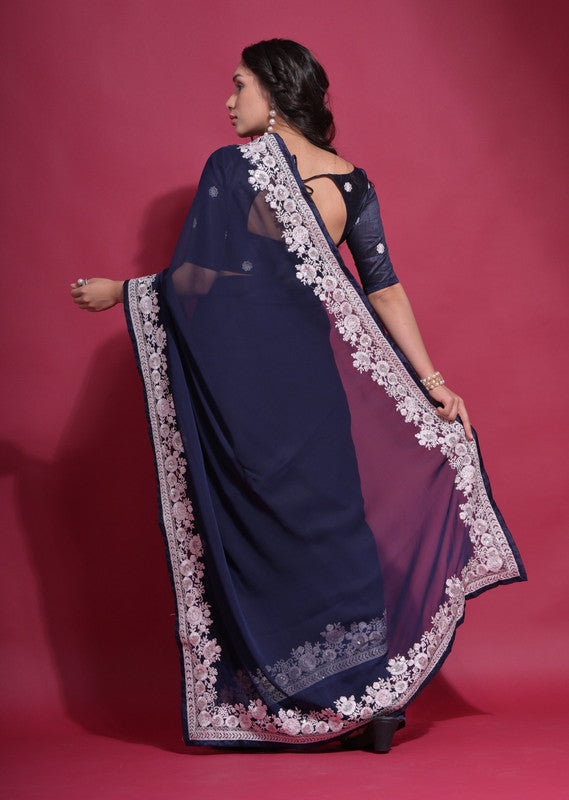 Jyoti Fashion Women's Navy Blue Coding Work Georgette Saree with Blouse
